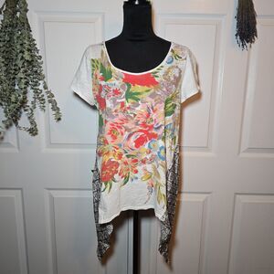 Anthropologie Little Yellow Button Elysia Mixed Media Floral Tee Shirt Large